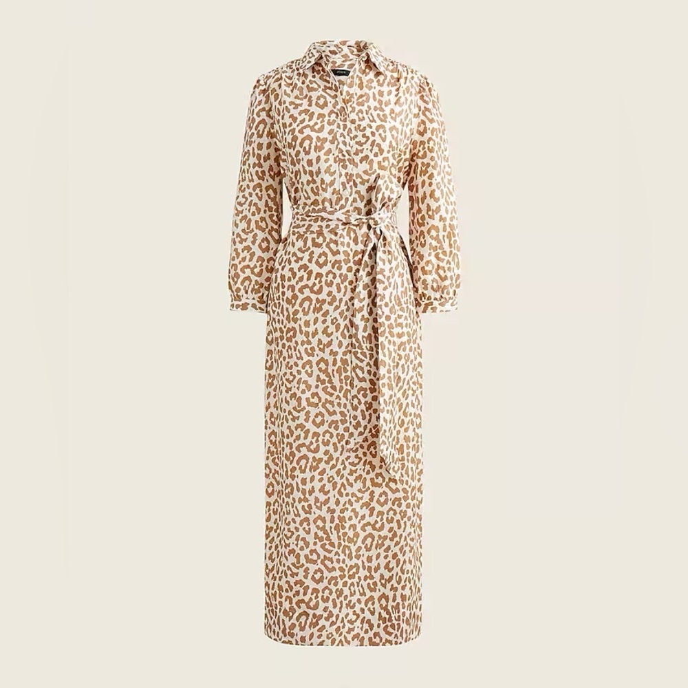J. Crew Gold White Tie Waist Long Sleeve Midi Shirtdress Bold Leopard Cheetah 2